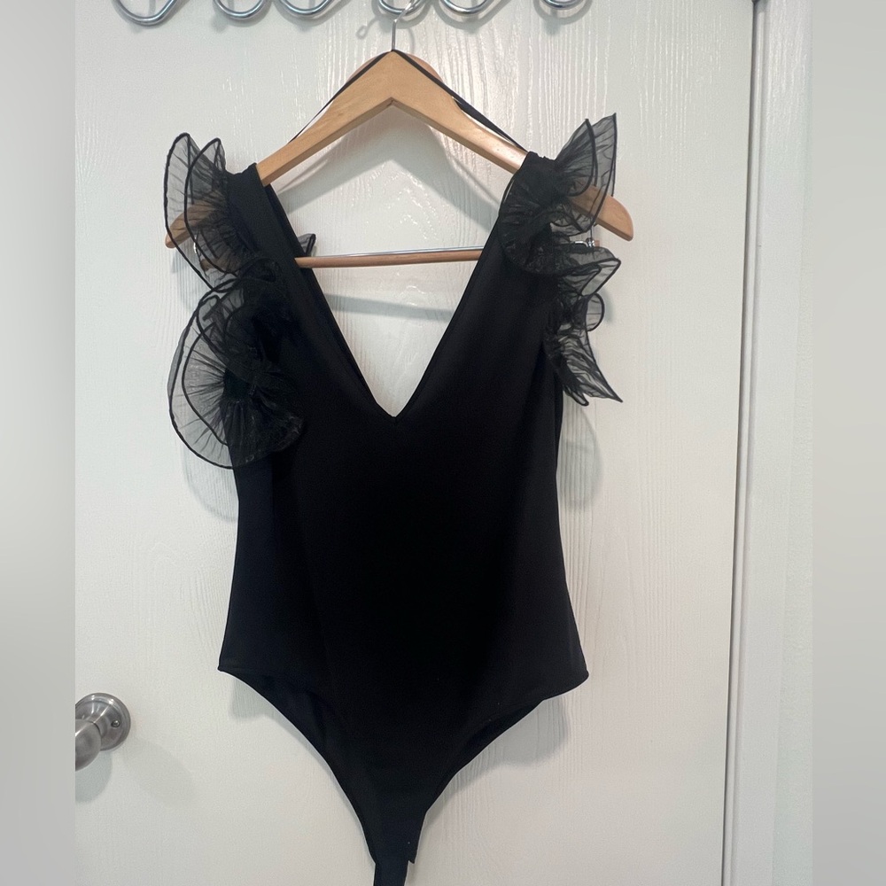 Zara Organza Trim Black V-Neck Bodysuit